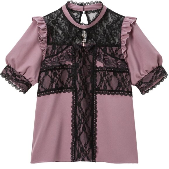 Dear My Love Purple and Black Lace Cross Ruffle Short Sleeve Blouse - Picture 1 of 4